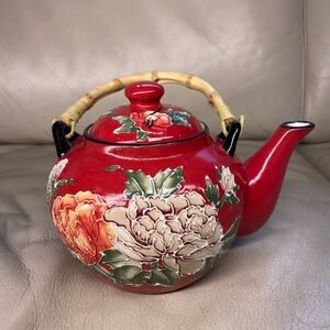PIER 1 Imports Hand Painted Embossed Peony Floral Red Teapot Bamboo Handle 4cups